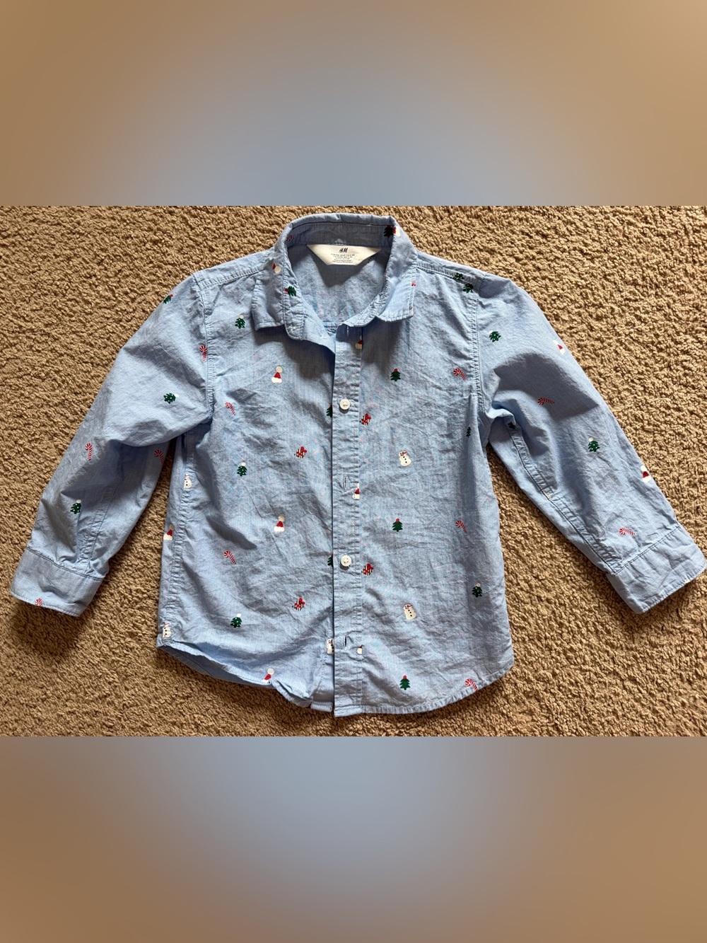 H&M Toddler Boy Light Blue Holiday 🎁 Long Sleeve Button-Up Shirt size 4T